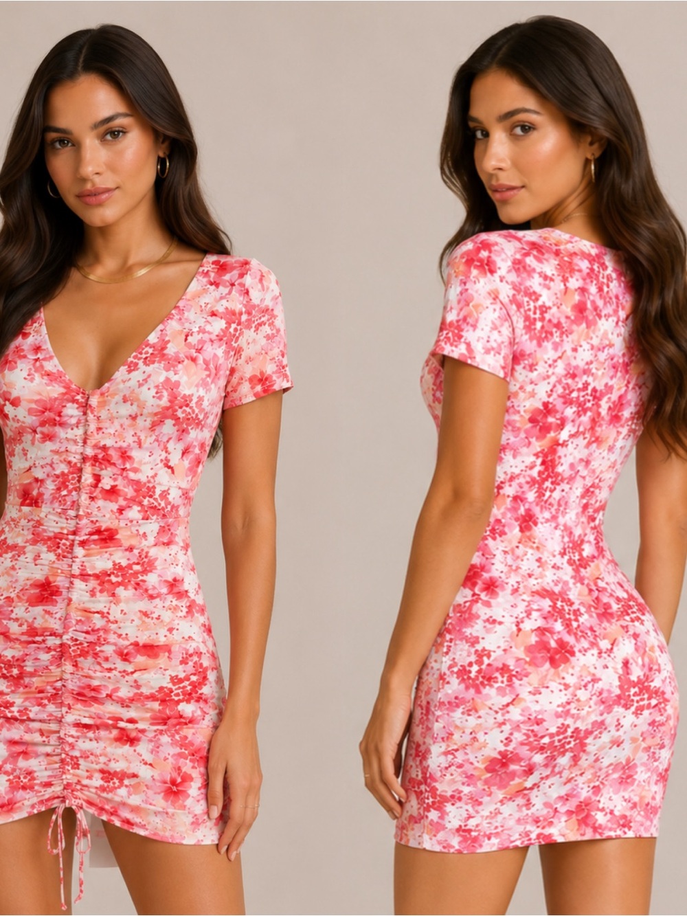 Haute Monde Pink Floral Ruched V‑Neck Mini Dress